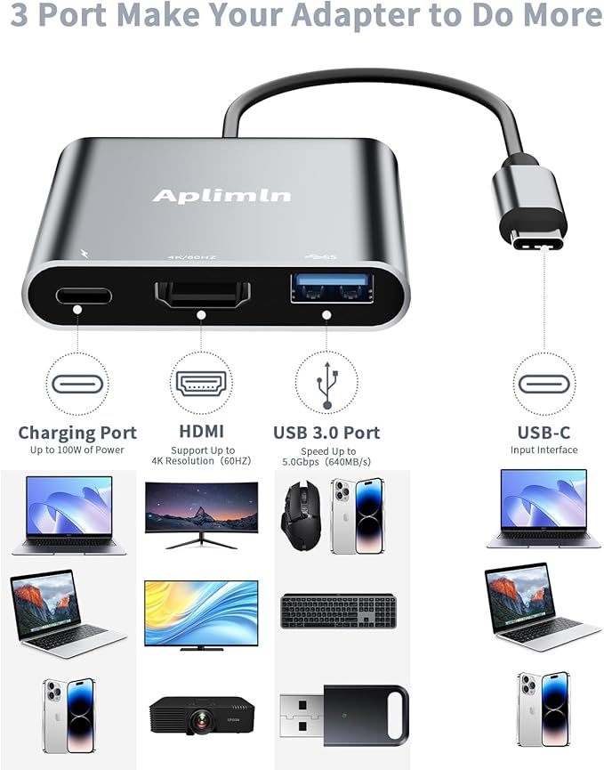 USB C to HDMI Adapter, 4K@60Hz HDMI to USB-C Adapter with USBA 3.0 & 100W PD Port Multiport Digital AV Converter for MacBook Pro/Air, iPad, iPhone 15/16, Tablets, Switch, TV, Monitor and More