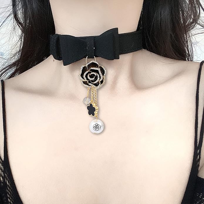 Leather Collar Necklace for Women with Bow Bell Kitty Cat and Delicate Tea flower pearl pendant Choker for Ladies Black Pink Red