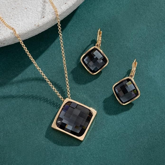 EVEVIC Square Austrian Crystal Necklace Earrings for Women Fashion 18K Gold Plated Hypoallergenic Jewelry Set