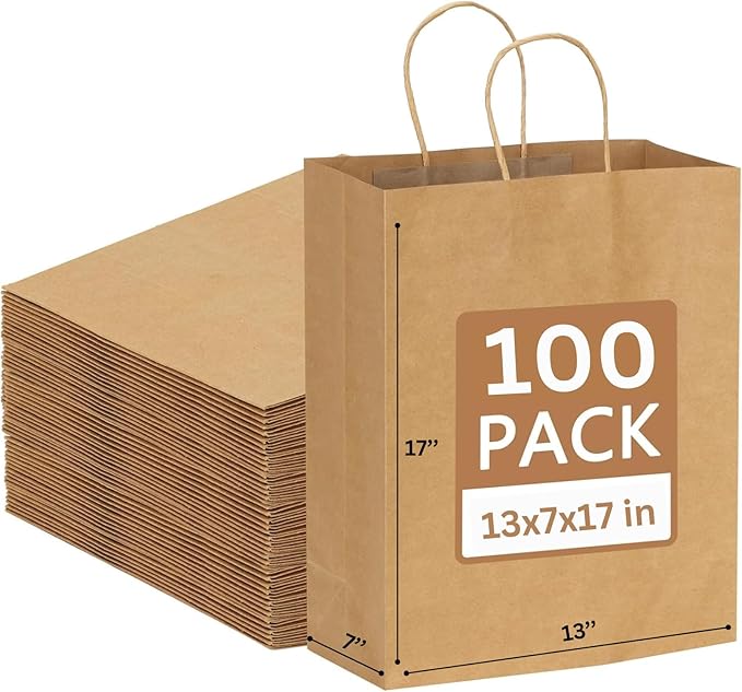 JET PAPER BAGS - 13”x7”x17” Inch [100 Pcs] Large Brown Paper Bags with Handles Prime for Takeout, Grocery, Goody, Retail, Party, Gifts, Weddings