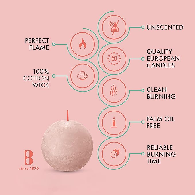 BOLSIUS 3 Pack Misty Pink Rustic Ball Pillar Candles - 3 Inch - Premium European Quality - Includes Natural Plant-Based Wax - Unscented Dripless Smokeless 25 Hour Party Décor and Wedding Candles