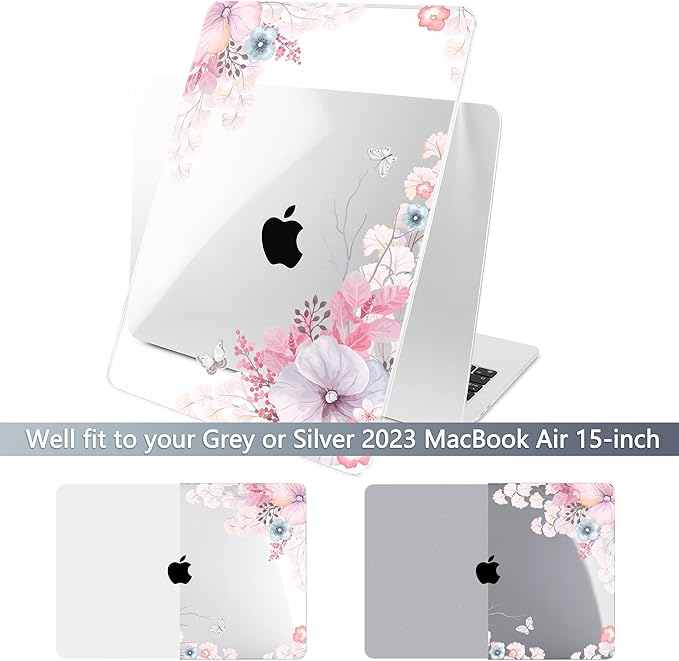Batianda Premium Case for New MacBook Air 15 inch 2025 2024 2023 with M4 M3 M2 Chip, Designed Protective Plastic Hardshell & Keyboard Cover & Screen Protector, Lovely Flower