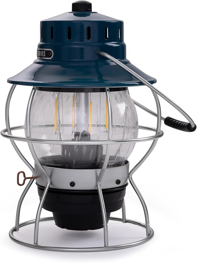 Barebones Railroad Lantern – Ocean Blue, Vintage-Inspired LED Camping Lantern with Rechargeable Battery – Adjustable Brightness Outdoor Light for Camping Gear, Backyard, and Home Decor