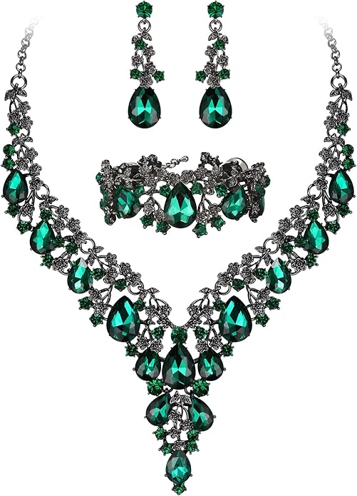 BriLove Women's Wedding Bridal Austrian Crystal Teardrop Flower Cluster Statement Necklace Dangle Earrings Jewelry Set for Party Prom