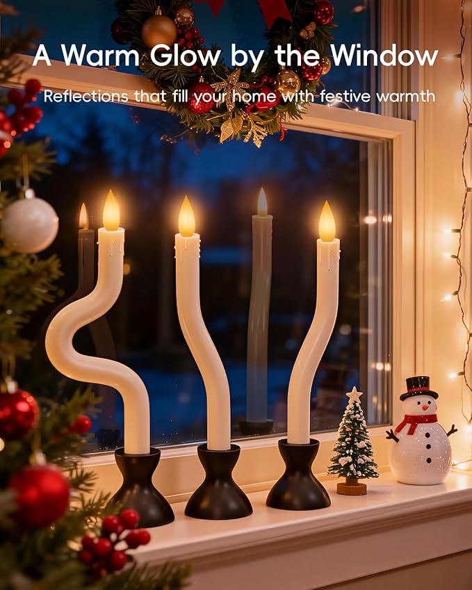 COOLWUFAN Window Candles with Remote Timer, 6 Pcs Flameless Taper Candles Battery Operated with Black Holder, Realistic LED Flickering Flame Dripless, Christmas Decorations Indoor for Home Party Fall