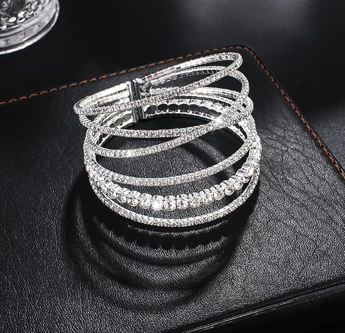 Rhinestone Bracelet for Women MultiLayer Crystal Cuff Bracelet Strand Layered Bracelet