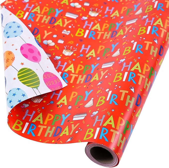 Reversible Birthday Wrapping Paper - Mini Roll - 17 Inches X 33 Feet - for Boys Girls Kids - Happy Birthday Lettering and Colorful Balloons Design for Women Men Baby Shower Holiday