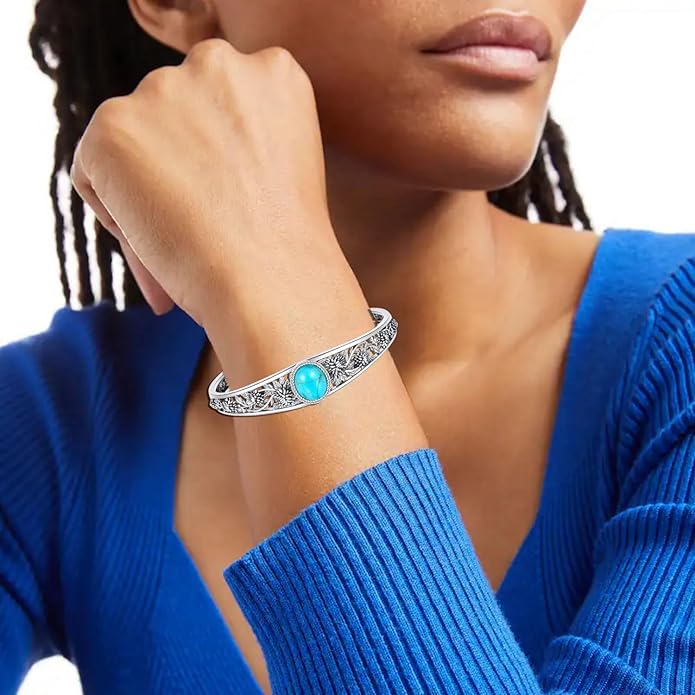 Genuine Turquoise Cuff Bracelet for Women, Sterling Silver Western Vintage Floral Bangle Native American Jewelry, For 6.5-7.5 Inch Wrists