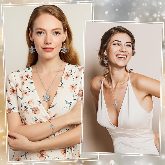 Bucherry 3 Pcs Heart Jewelry Set Bow Snowflake Jewelry Heart Pendant Chain Toggle Necklace with Bracelet Earrings Snowflake Stainless Steel Link Chain for Women Gift