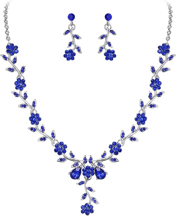 BriLove Women's Wedding Jewelry Leaf Cluster Flower Crystal Dangle Earrings Pendant Necklace Set for Bridal
