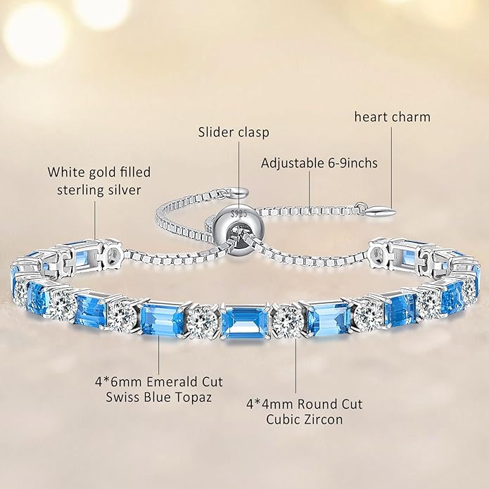 Birthstone Tennis Bracelets for Women White Gold Sterling Silver Gemstone Bracelets Adjustable Chain 6-9 Inchs Jewelry Anniversary Birthday Gifts for Women Mom Wife Her
