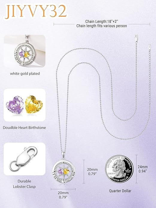 Compass Necklace for Women, Exquisite S925 Valentines Day Anniversary Birthday Gifts for Wife Her Double Birthstone Pendant Jewelry ‘I'd be Lost Without You’