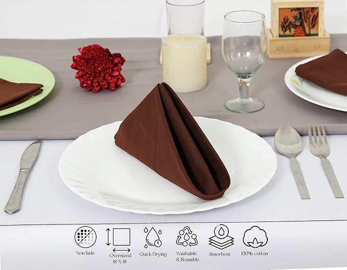 TARAN LIVING Thick Cotton Cloth Napkin Set Christmas Cloth Napkins Washable Dinner Pure Cotton Napkin Set Table Cloth Reusable Perfect and Home Decor - Brown, Set of 12, 18x18 Inch