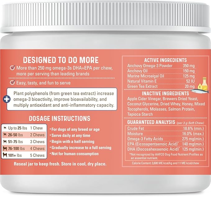 Bernie's OMG! Omegas Chews for Dogs - 5X Extra Strength DHA+EPA, Fish Oil, Healthy Skin & Coat, Allergy Relief, Joint Supplement (Salmon Flavor)
