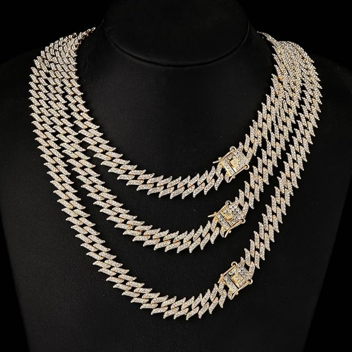 HH BLING EMPIRE 14k Gold/Silver Cuban Link Chain for Women Iced Out Diamond Chunky Cuban Link Necklace Chain Bracelet 2pcs Sets