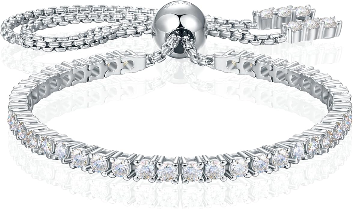 Moissanite Tennis Bracelet 1.79ct-8.69ct Adjustable Bracelet for Women 18K White Gold Plated S925 Sterling Silver Tennis Bracelet D Color VVS1 Round Cut 2/3/4mm Moissanite Bracelet Gifts for Wife/Mom