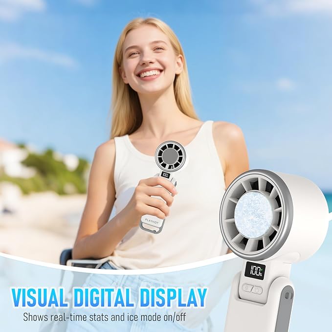 Portable Handheld Turbo Fan with Ice Cooling, Rechargeable Personal Fan, Up tp 12Hrs Cooling, 5 Speed 25550RPM Powerful Portable Fan for Travel, Outdoor, Camping, Hiking (White)