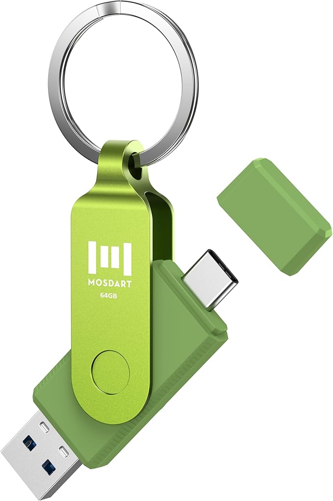 MOSDART 64GB USB3.1 Fast Speed C and A Dual Flash Drive, exFAT Memory Stick with Keychain and LED Indicator, for iPhone 15 and 16, Android Phone, iPad, MacBook, and Other Laptops, Green