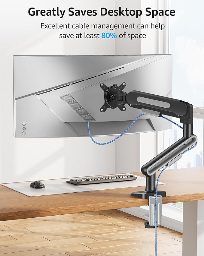 MOUNTUP Single Monitor Desk Mount for 4.4-26.5lbs, Heavy Duty Monitor Arm for 40 39 37 34 32 27inch, Full-Motion Monitors Stand, Height Adjustable Gas Spring Monitors Arm with C-Clamp＆Grommet Base