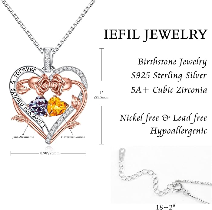 Iefil Valentines Gifts for Her Wife Women - Rose Heart Double Birthstone Necklace Gift for Wife Girlfriend Her Women, Birthstone Jewelry Gemstone Birthday Gifts for Mom Grandma Her
