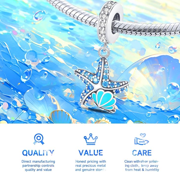 925 Sterling Silver Charms Bead for Bracelets Necklaces, Star Moon Crescent Sun Solar Pendent, Blue Ocean Starfish Shells Turtle Crab Starry Sea Cute Jewelry Birthday Gifts for Women Men