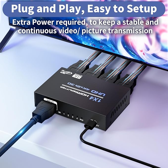 HDMI Splitter 1 in 4 Out 4K@30Hz, Powered 1x4 HDMI Video Splitter 4 Ports with Power Cord, Duplicate/Mirror Screen, Supports UltralHD 3D 1080P HDCP 1.4 for HDTV, STB, DVD, PS5/4/3, Projector, Etc