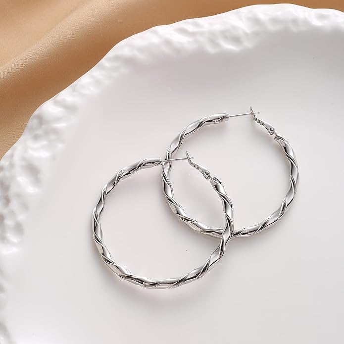 14k Gold Plated Hoop Earrings for Women, 925 Sterling Silver Posts Thick Twist Hypoallergenic Chunky Large Earrings 20mm 30mm 40mm 50mm