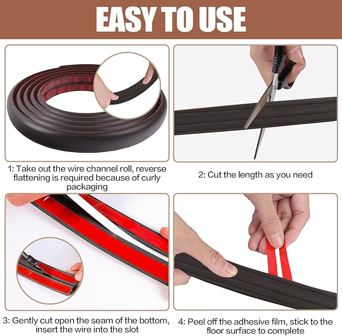 Floor Cord Cover Self Adhesive Cord Hider,10FT Cable Management, Extension Strip Protector for Wires, Prevent Cable Trips for Offices, Gyms, Exhibitions Cavity:0.3"(W) x 0.28"(H) Black Wood