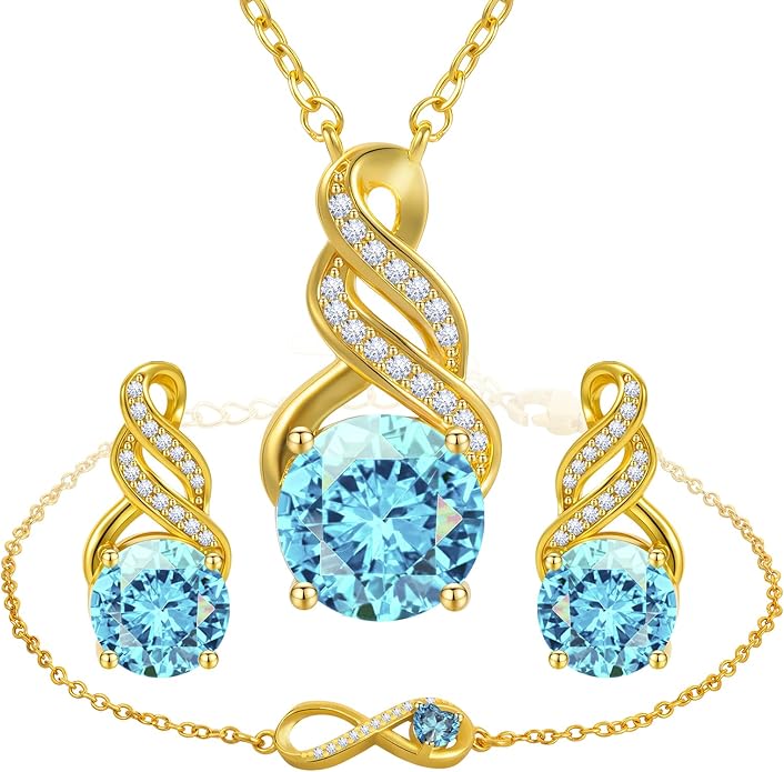 Jewelry Sets for Women-18K Gold Plated Dainty Birthstone Pendant,Trendy Necklace Earrings Infinity Bracelets Set,Ideal Jewelry Gifts for Her Mom