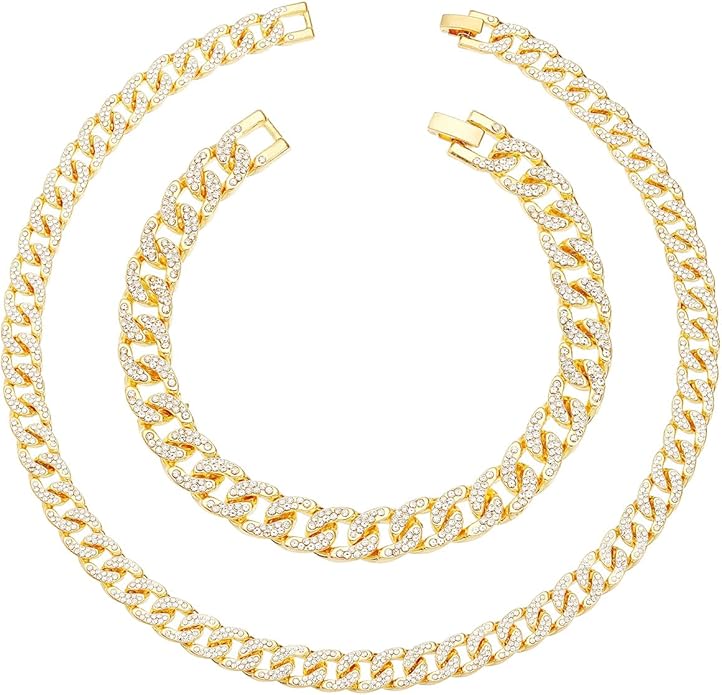 HH BLING EMPIRE 14k Gold/Silver Cuban Link Chain for Women Iced Out Diamond Chunky Cuban Link Necklace Chain Bracelet 2pcs Sets