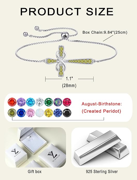 YL Cross Bracelet 925 Sterling Silver Infinity Sideways Link Bracelet Birthstone Jewelry for Women