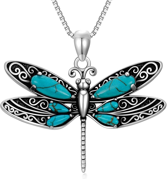 RMREWY Genuine Turquoise Dragonfly Pendant Necklace,925 Sterling Silver Native American Boho Western Pendant Real Gemstone Jewelry Birthdays Gift for Women Dragonfly Lover