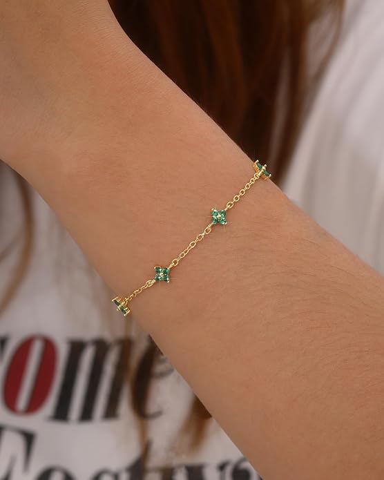 JSJOY Birthstone Bracelets for Women, 14K Gold Bracelets for Women Mom Gifts Birthday Valentines Day Gifts for Gf Dainty Flower Gift for Her Birthstone Bracelet Mothers Day Gift