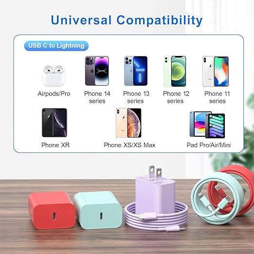 Compatible with iPhone 14 13 12 Charger, 20W Fast Charging Wall Charger, 10 FT USB ightning Cable,Phone Chargerr Cord for Phone 14/13/12/12 Pro Max/11/Xs Max/XR/X,AirPods Pro and More(Pueple/Blue/Red)