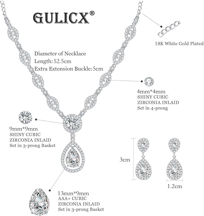 GULICX AAA Cubic Zirconia CZ Silver Plated Base Women's Party Jewelry Set Earrings Pendant Necklace