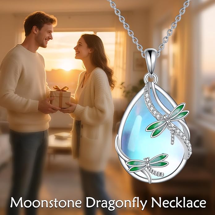 KQF Dragonfly/Butterlfy/Cat/Jellyfish/Bunny/Axolotl/Bee/Mermaid/Hummingbird/Elephant Necklace for Women Sterling Silver Moonstone Pendant Necklace Dragonfly Jewelry Gifts for Women
