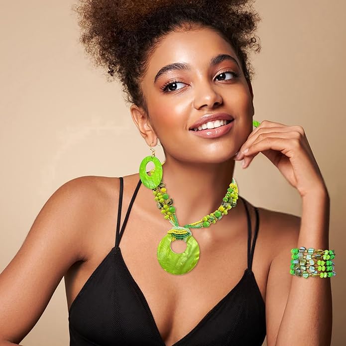 Jewelry Sets for Women 4 Pcs Chunky Beaded Mrs Roper Costume Jewelry for Women Boho Multi Strand Colorful Shell Necklace for Women