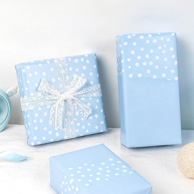 WRAPAHOLIC Reversible Wrapping Paper - Mini Roll - 30 Inch x 33 Feet - Light Blue and Delicate Polka Dot Wrapping Paper for Baby Shower, Birthday, Wedding, Holiday