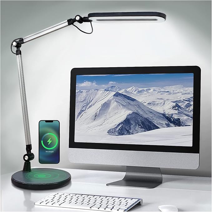 OTUS LED Desk Lamp for Home Office with Wireless Charger | 3 Color & 12 Dimmable Levels | Tall Architect Desk Lamp Adjustable Swing Arm | Eye-Care Task Table Lamp for Reading, Study & Video Calls