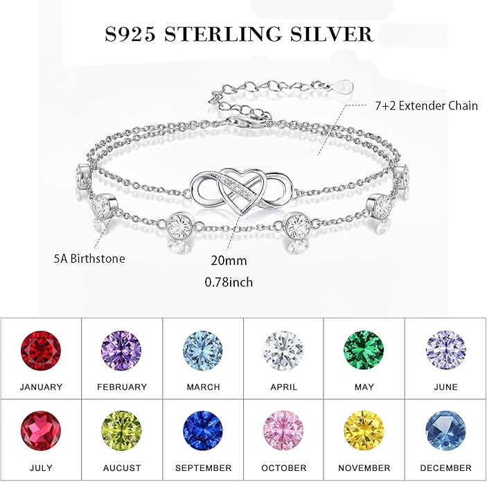 Prismata Infinity Birthstone Charm Link Bracelet 925 Sterling Silver Adjustable 12 Months Birthstone Infinity Bracelet Birthday Jewelry Gifts for Women Mom Her,with 7"+2" chain