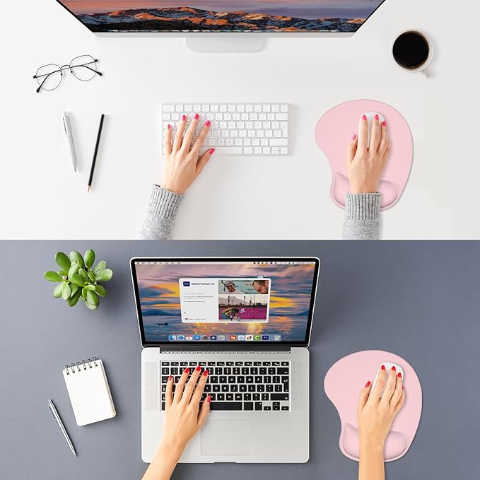 ITNRSIIET Ergonomic Mouse Pad, Cushioned Gel Wrist Rest, Non-Slip Base, Smooth Surface, Compatible with All Mice for Office & Gaming, Desk Accessory, 9.5 x 8.2 inch, Blush Pink