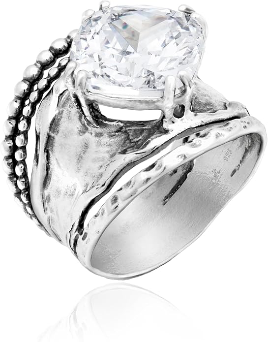 JEAN RACHEL JEWELRY 925 Sterling Silver Ring - Bold with Prong-Set Cubic Zirconia Vintage Design - Hypoallergenic, Lead & Nickel Free - Artisan Handcrafted Statement Rings for Women