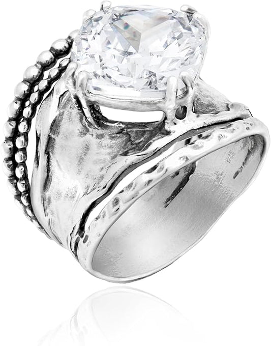 JEAN RACHEL JEWELRY 925 Sterling Silver Ring - Bold with Prong-Set Cubic Zirconia Vintage Design - Hypoallergenic, Lead & Nickel Free - Artisan Handcrafted Statement Rings for Women