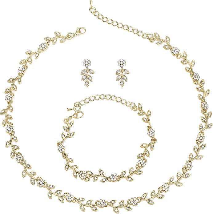 BriLove Wedding Jewelry Set for Women Bride, Gorgeous Stunning Crystal Flower Leaf Cluster Choker Necklace Link Bracelet Stud Earrings Bridal Bridesmaid