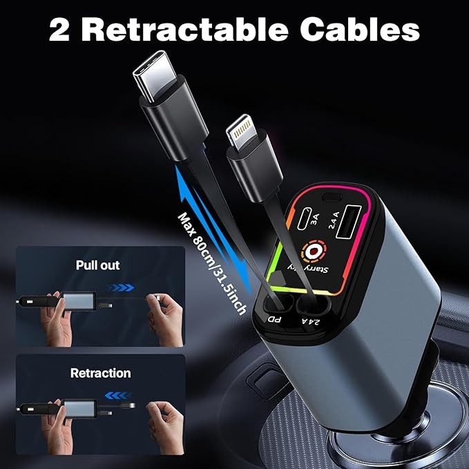Starlight Retractable Car Charger,66W Fast Car Chargers Adapter 4 in 1 with 2 USB Car Chargers for Phone iPhone 16/15/14/13/12/11 and for Android