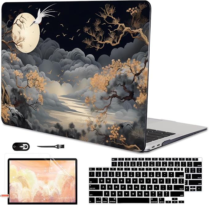 for MacBook Air 13 inch Case 2021 2020 2019 2018 Release A2337 M1 A2179 A1932 with Touch ID, Crystal Black Pattern Plastic Hard Shell Case Cover for Mac Air 13 M1, Tide Illustration 2