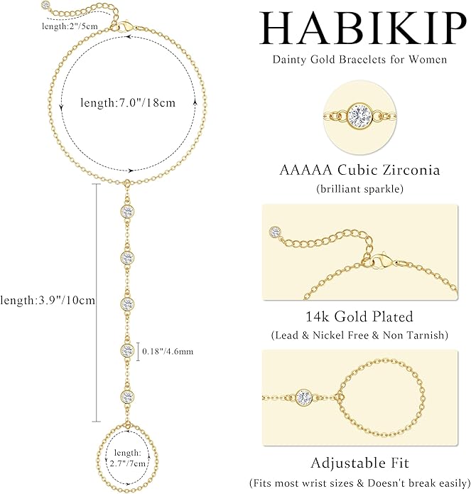 Valentine Gift 14K Gold Plated Hand Chain Bracelet for Women Trendy, 2 Pcs Stackable Gold/Silver Finger Ring Bracelet Hand Chain Dainty Non Tarnish Waterproof Set Jewelry Adjustable 7'+2