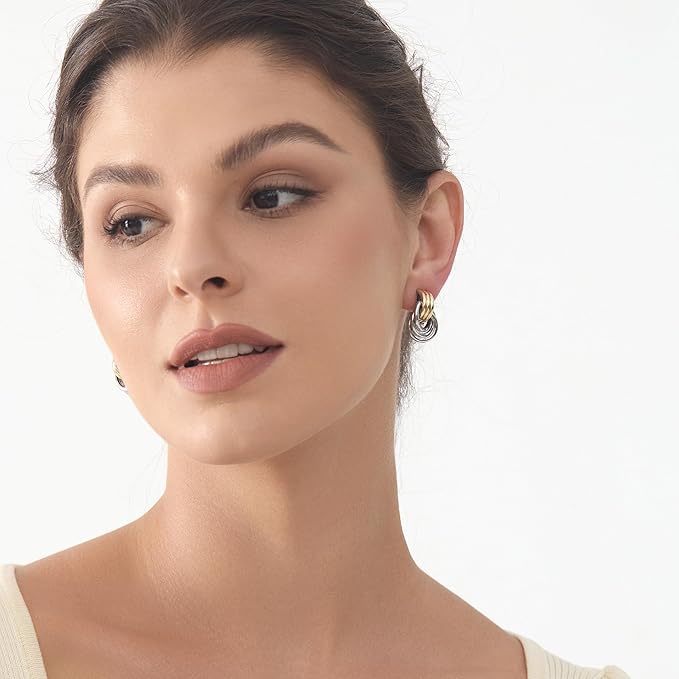 Knot Link Earrings, Chunky Circle Drop Dangle Studs Two Tones Mix-colred Earrings