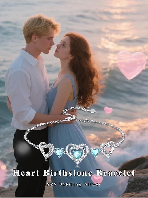 Birthstone Charm Link Bracelet 925 Sterling Silver Rose/Heart/Mom Bracelet with 12 Months Birthstone Mother's Day Gift Jewelry Gifts for Women,Chain Length 7"+2" Extend