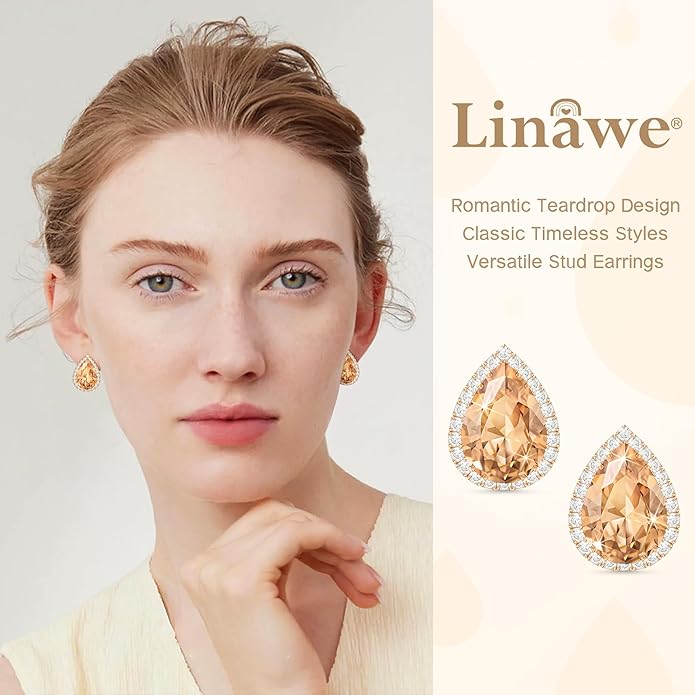 Linawe Women Stud Earrings, Teardrop Diamond Moissanite Cubic Zirconia Earrings Studs Rhinestone Jewelry Gold/Silver/Rose Gold